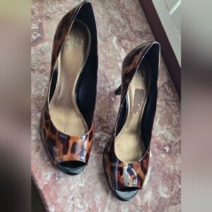 Alex Marie Size 9 Tortoise Shell Peep Toe Pumps Shoes High Black Heels